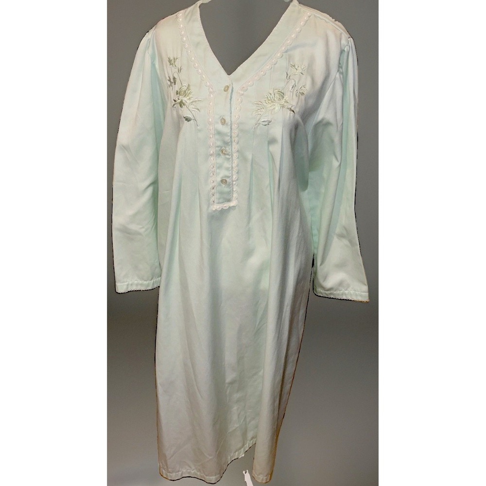 Miss Elaine Mint GRN Long Nightgown Loungewear Lace Embroidery XL Style 531102M